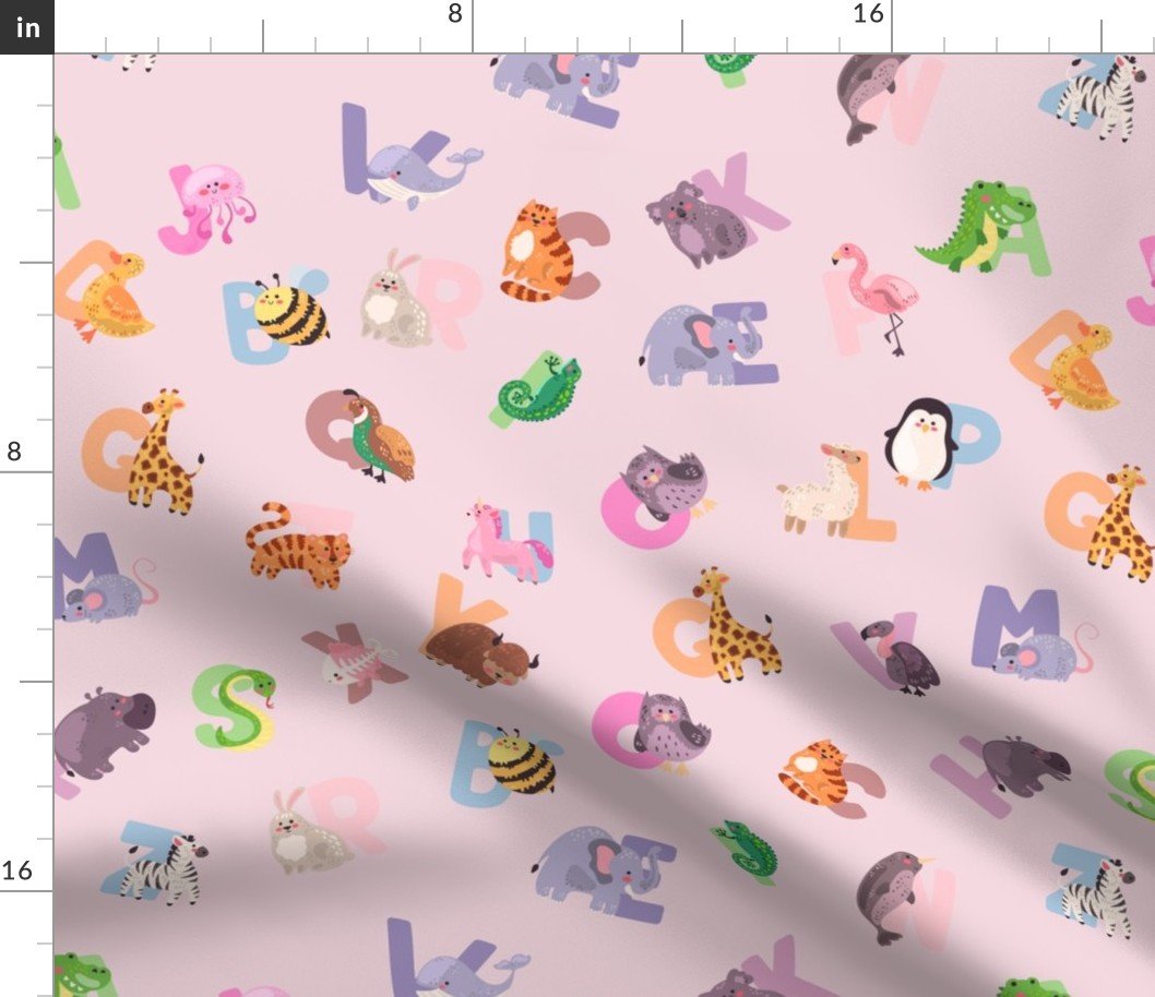 Whimsical Nursery Alphabet in Adorable Animals for Babies and Children 2 Inch on Baby Pink Pastel Fabric