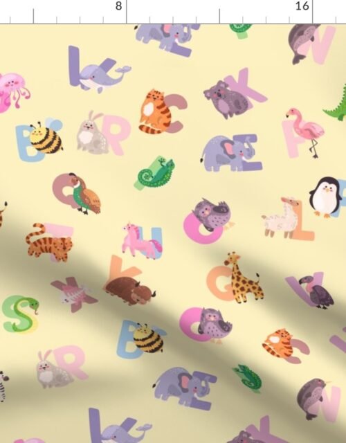 Whimsical Nursery Alphabet in Adorable Animals for Babies and Children 2 Inch on Butter Yellow Pastel Fabric