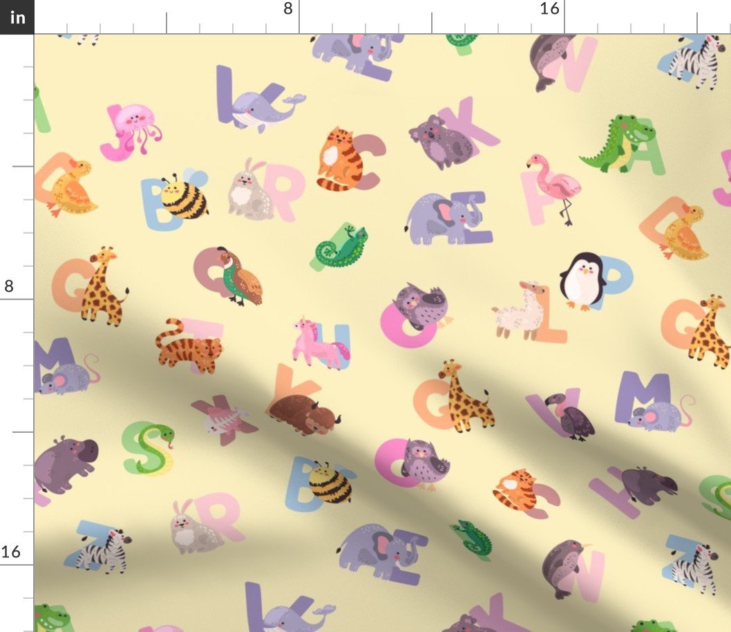 Whimsical Nursery Alphabet in Adorable Animals for Babies and Children 2 Inch on Butter Yellow Pastel Fabric