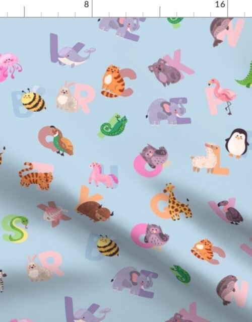 Whimsical Nursery Alphabet in Adorable Animals for Babies and Children 2  Inch on Baby Blue Pastel Fabric