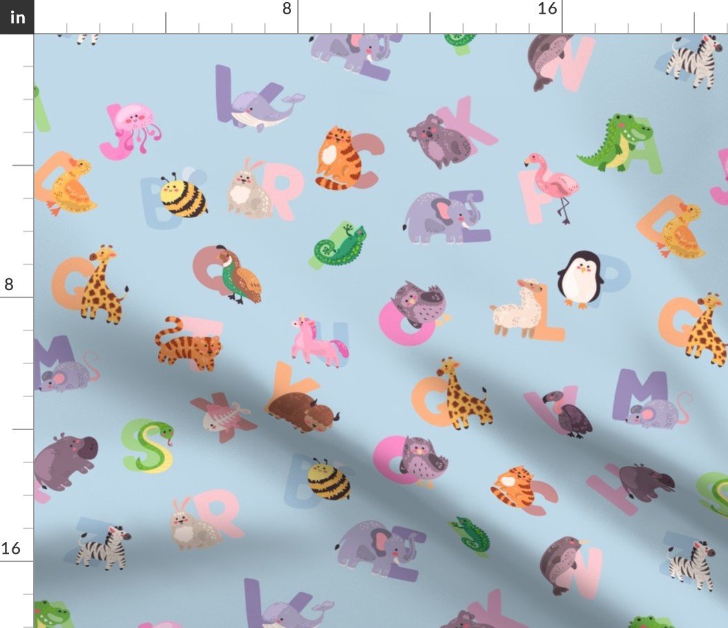 Whimsical Nursery Alphabet in Adorable Animals for Babies and Children 2 Inch on Baby Blue Pastel Fabric Whimsical Nursery Alphabet in Adorable Animals for Babies and Children 2 Inch on Baby Blue Pastel Fabric