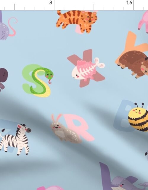 Whimsical Nursery Alphabet in Adorable Animals for Babies and Children 3-4 Inch on Baby Blue Pastel Fabric