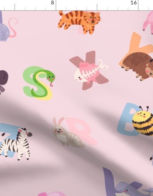Whimsical Nursery Alphabet in Adorable Animals for Babies and Children 3-4 Inch on Baby Pink Pastel Fabric