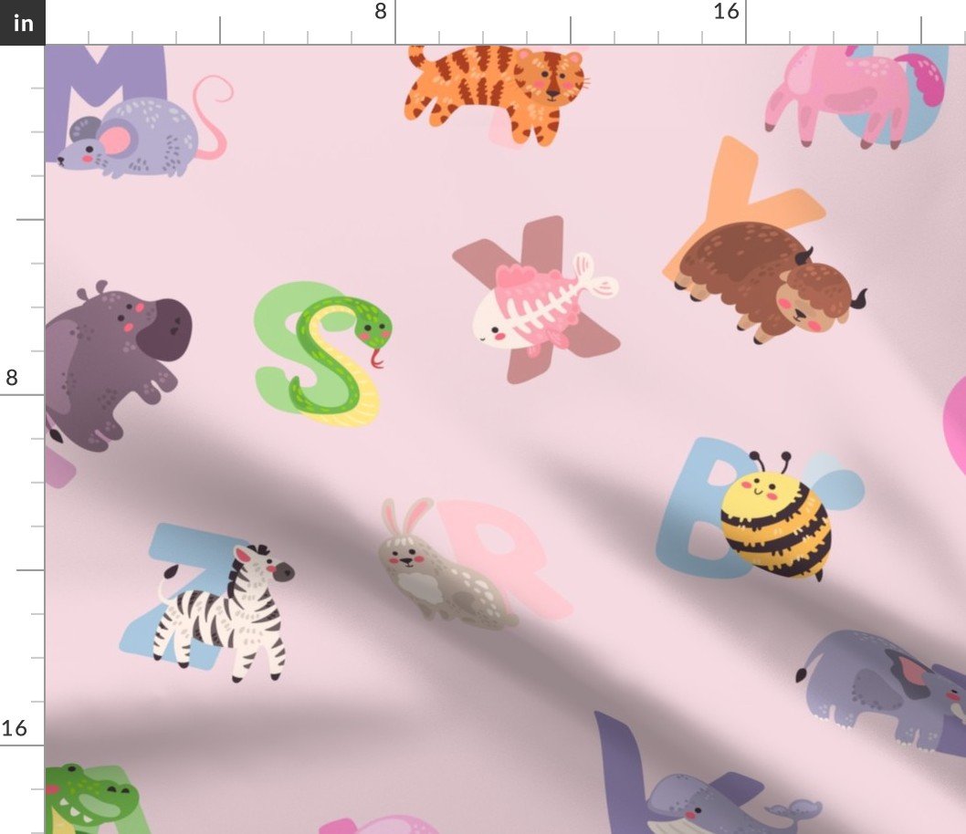 Whimsical Nursery Alphabet in Adorable Animals for Babies and Children 3-4 Inch on Baby Pink Pastel Fabric