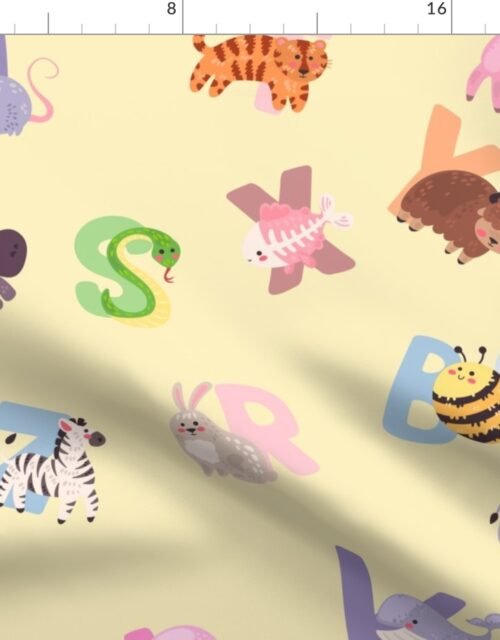 Whimsical Nursery Alphabet in Adorable Animals for Babies and Children 3-4 Inch on Butter Yellow Pastel Fabric