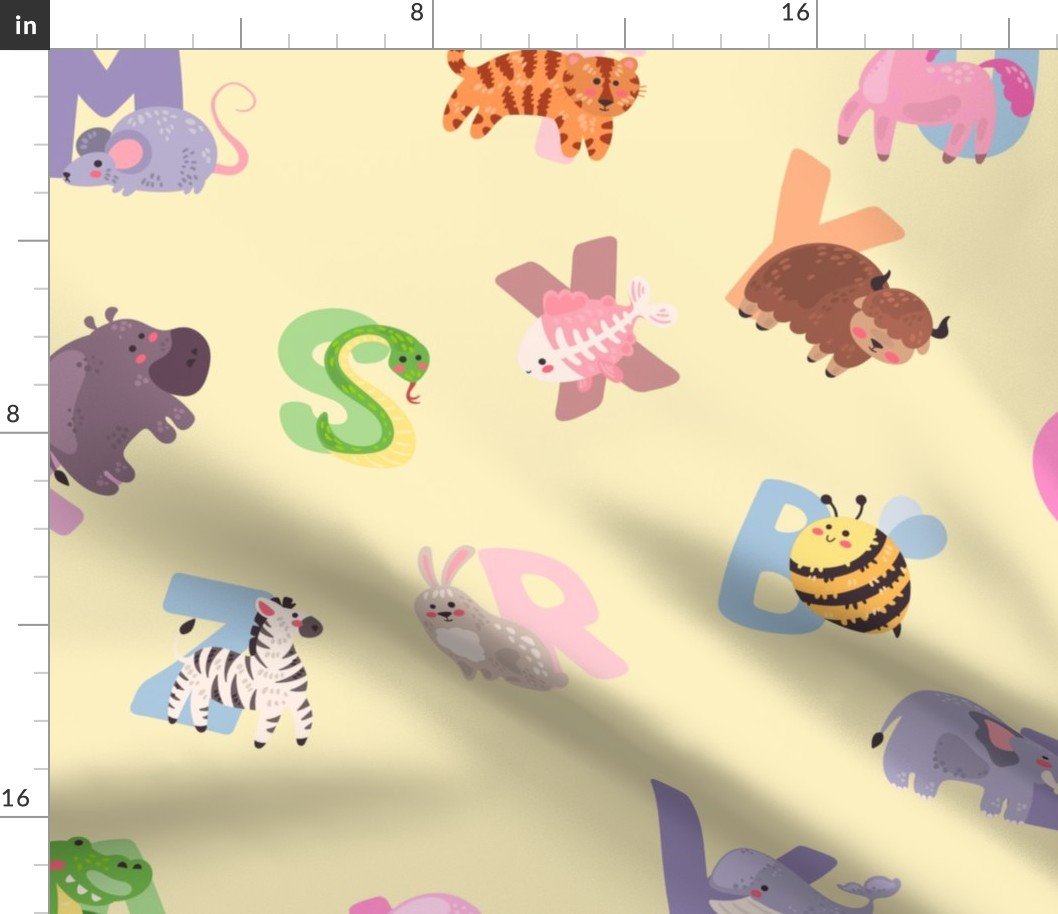 Whimsical Nursery Alphabet in Adorable Animals for Babies and Children 3-4 Inch on Butter Yellow Pastel Fabric