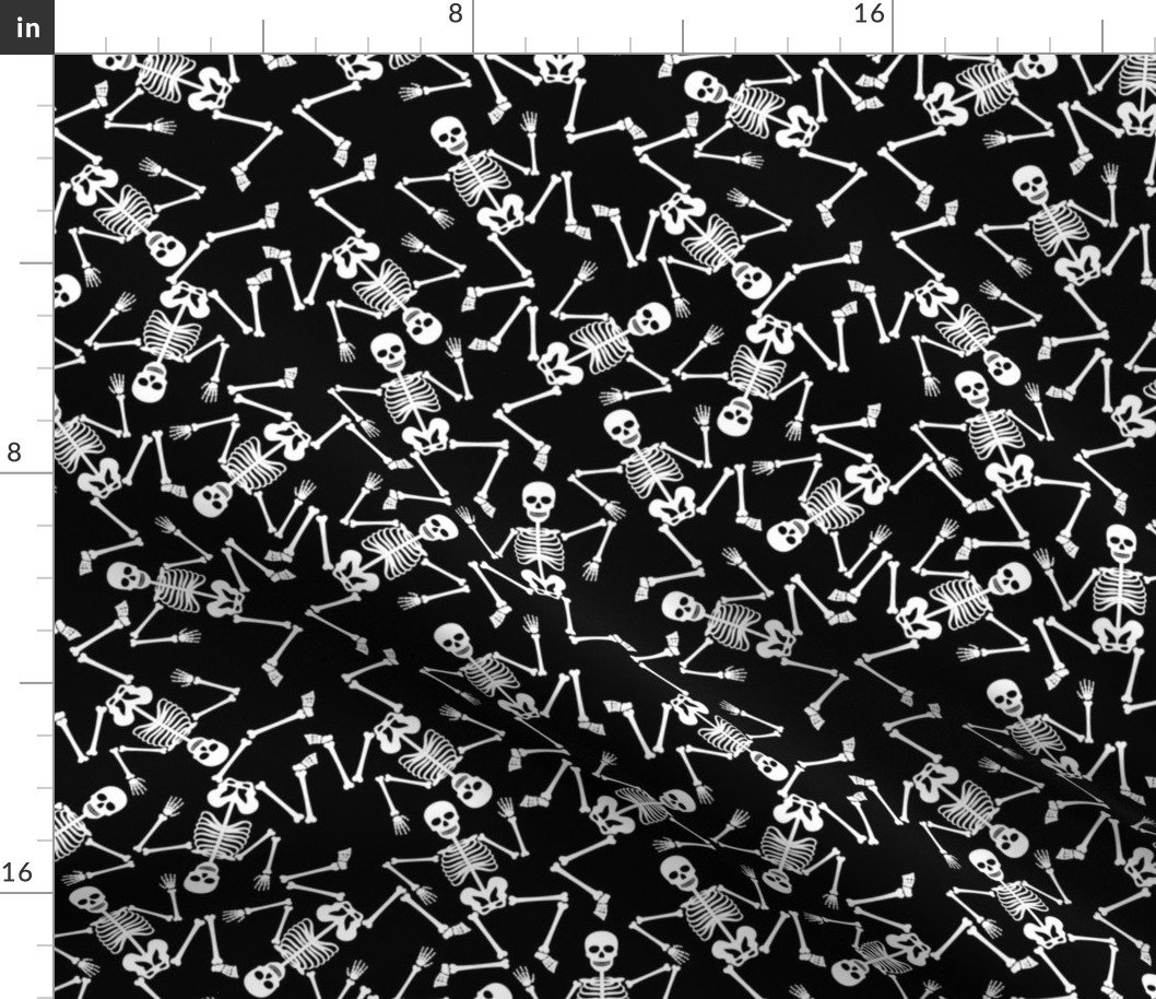 White Dancing Halloween Skeletons On Black Fabric White Dancing Halloween Skeletons On Black Fabric
