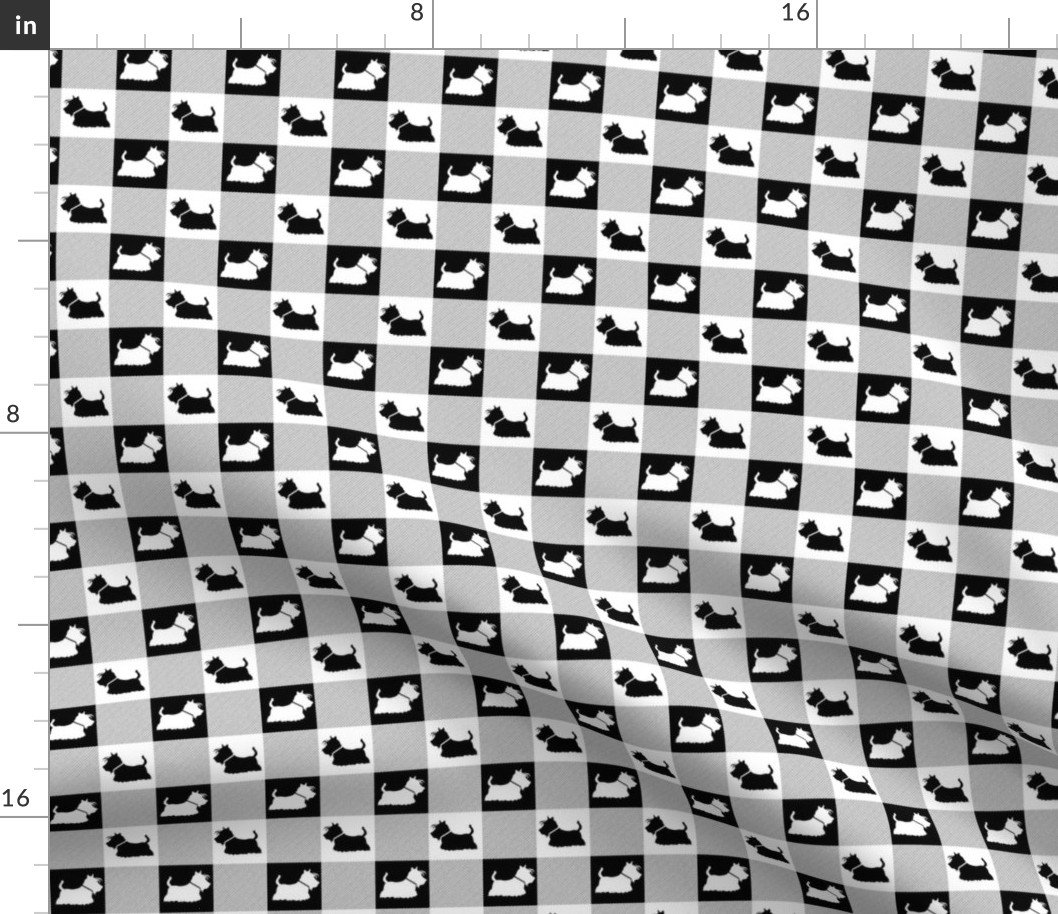 White  and Black Gingham Check with Center Scottie Medallions in White  and Black Fabric