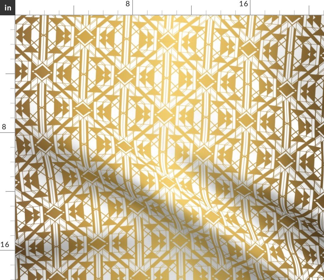 White and Gold Faux Foil Vintage Art Deco Geometric Triangle Pattern Fabric