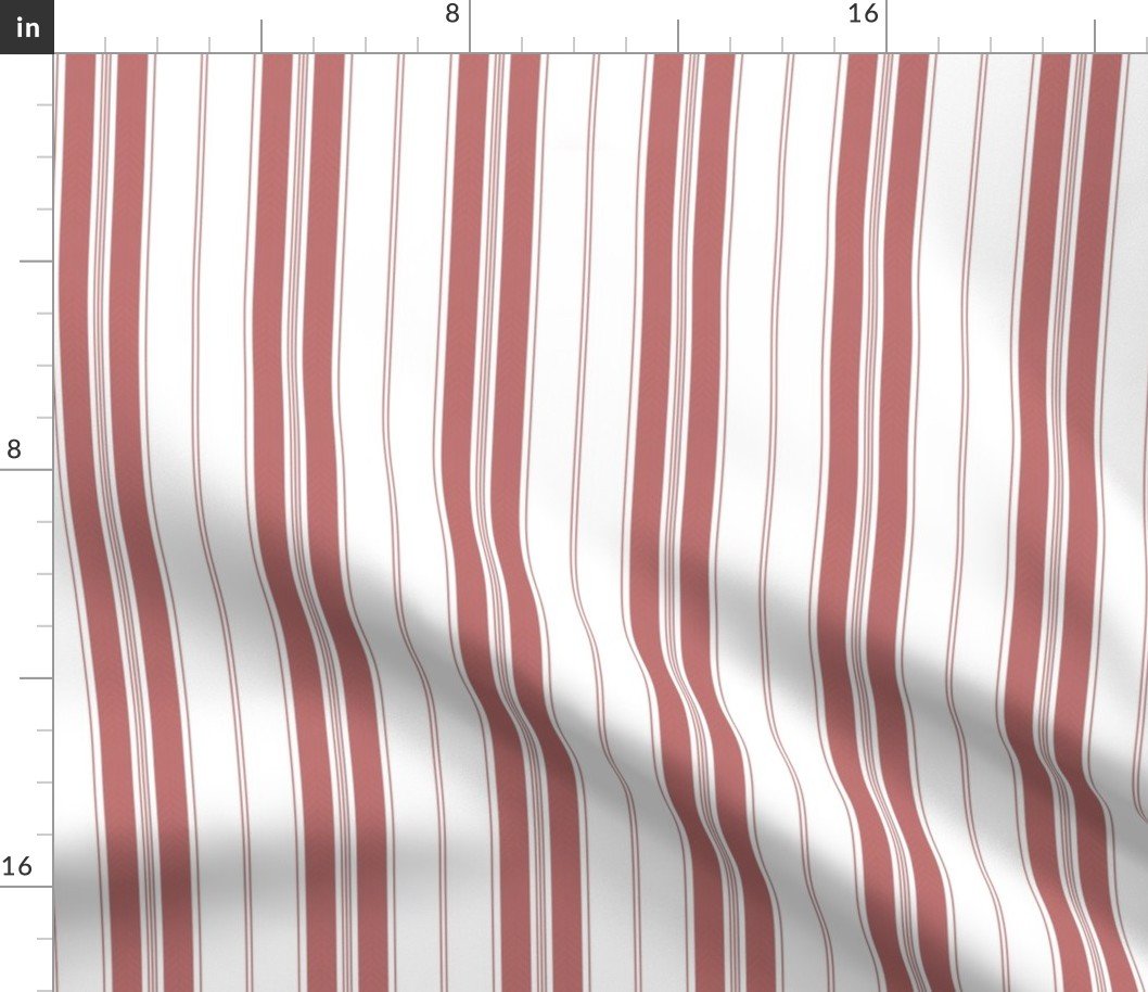 Wine Red and White Vintage Provincial French Chateau Ticking Stripe Fabric