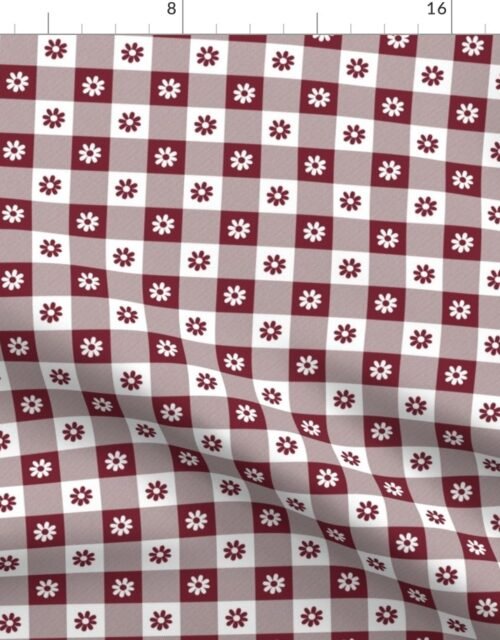 Wine  and White Gingham Floral Check with Center Floral Medallions in Wine and White Fabric