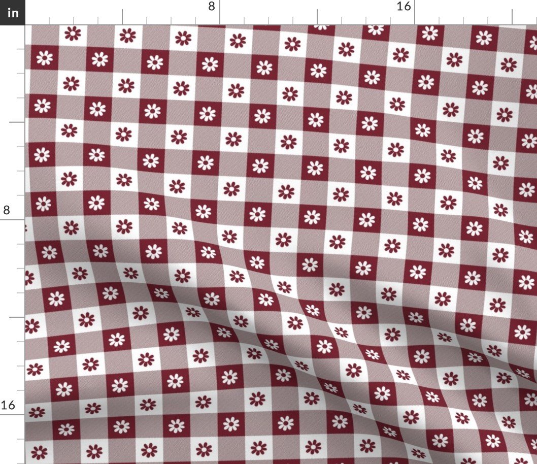 Wine and White Gingham Floral Check with Center Floral Medallions in Wine and White Fabric Wine and White Gingham Floral Check with Center Floral Medallions in Wine and White Fabric