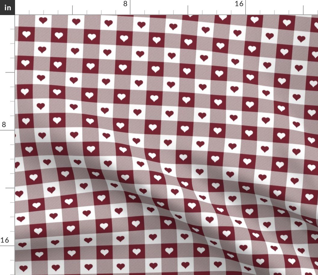 Wine and White Gingham Valentines Check with Center Heart Medallions in Wine and White Fabric Wine and White Gingham Valentines Check with Center Heart Medallions in Wine and White Fabric