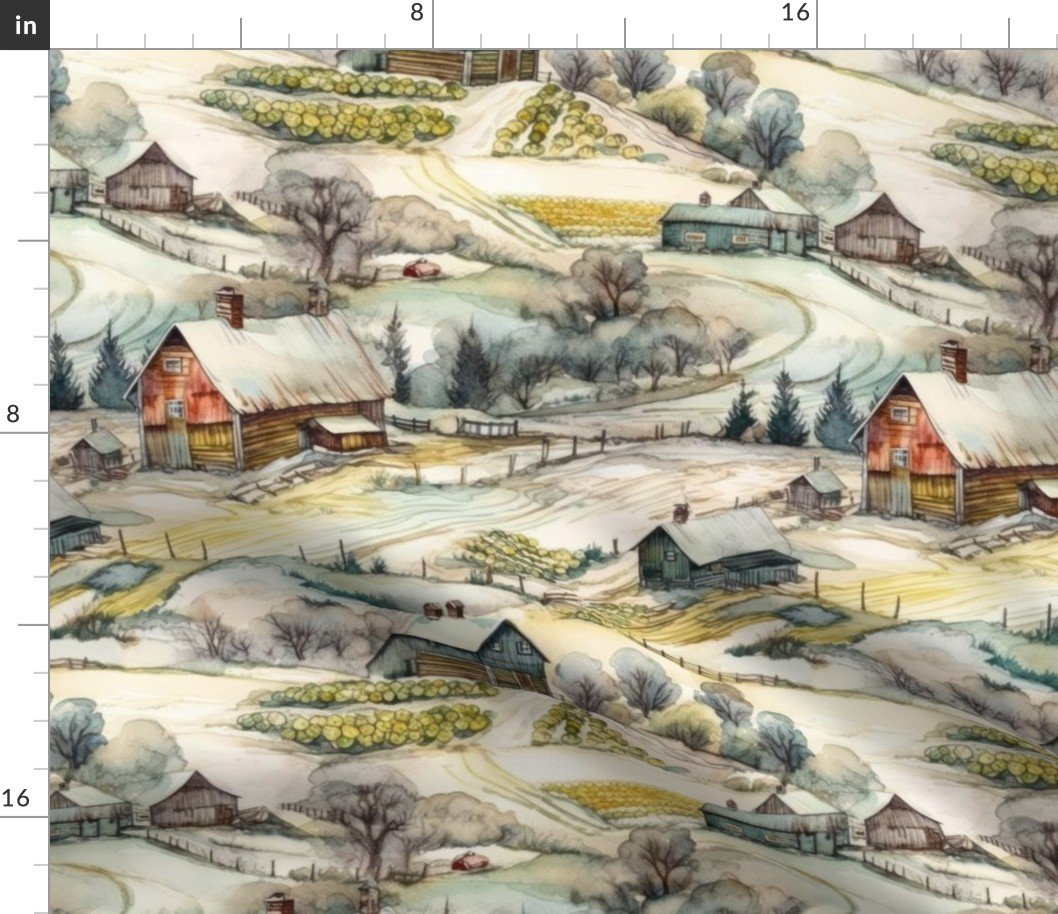 Winter Snowy Farm Landscape Watercolor Fabric Winter Snowy Farm Landscape Watercolor Fabric