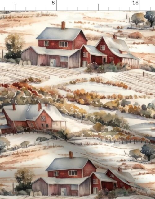 Winter Snowy Farm Landscape Watercolor Fabric