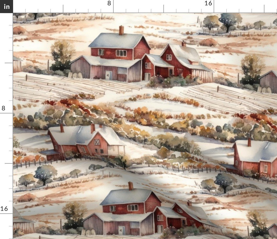 Winter Snowy Farm Landscape Watercolor Fabric Winter Snowy Farm Landscape Watercolor Fabric