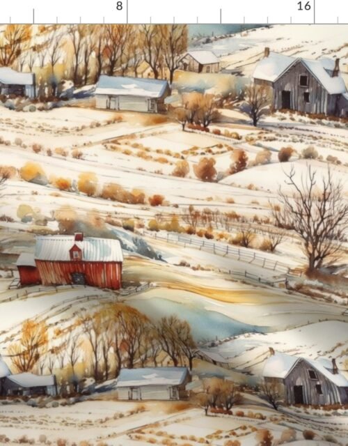 Winter Snowy Farm Landscape Watercolor Fabric