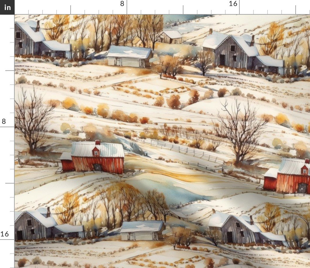Winter Snowy Farm Landscape Watercolor Fabric Winter Snowy Farm Landscape Watercolor Fabric