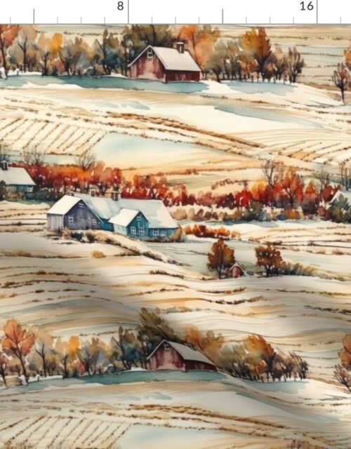 Winter Snowy Farm Landscape Watercolor Fabric