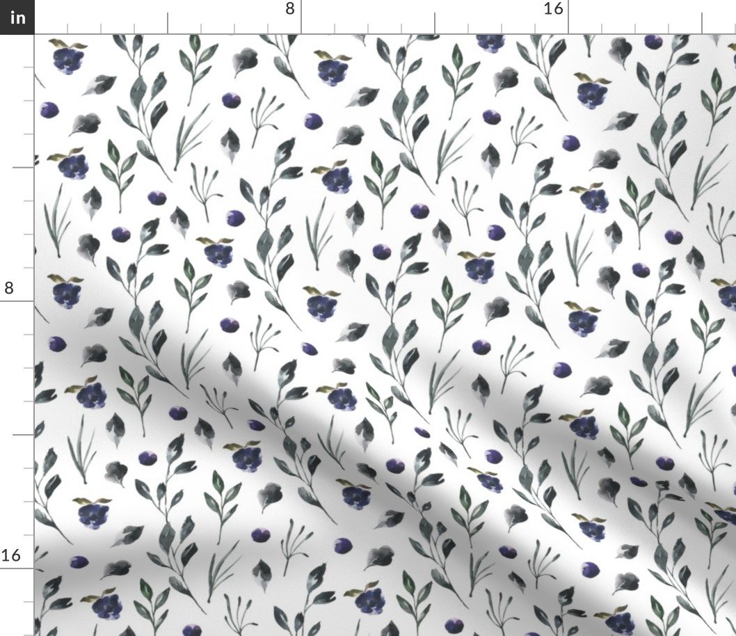 Woodsy Watercolor Iris Purple Blue and Moss Flowers and Vines Fabric