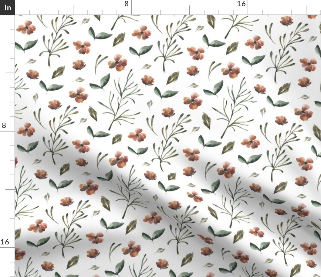 Woodsy Watercolor Sienna and Moss Flowers and Vines Fabric