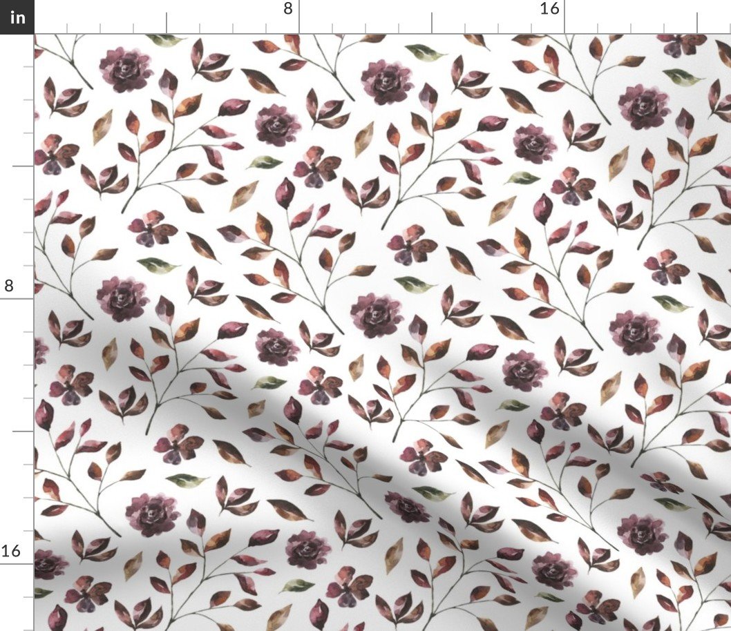Woodsy Watercolor Wine and Moss Flowers and Vines Fabric