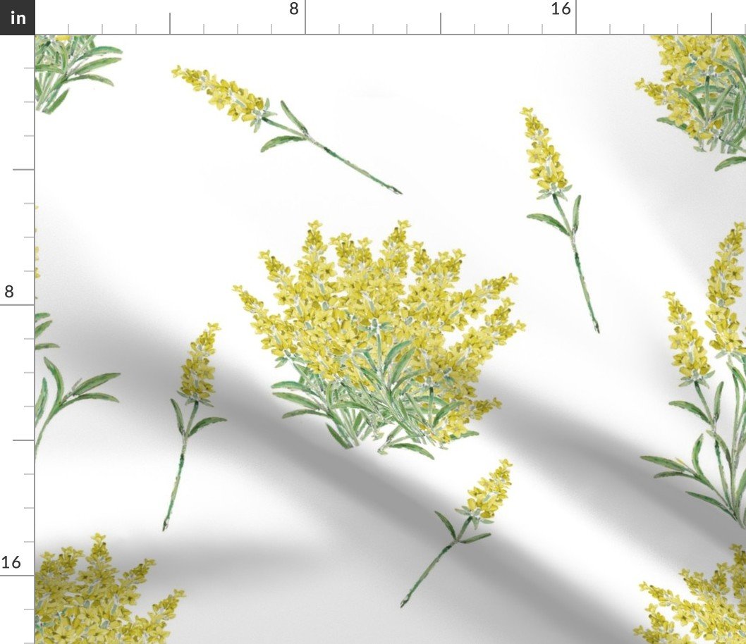 Yellow Forsythia Floral Sprig on White Fabric Yellow Forsythia Floral Sprig on White Fabric