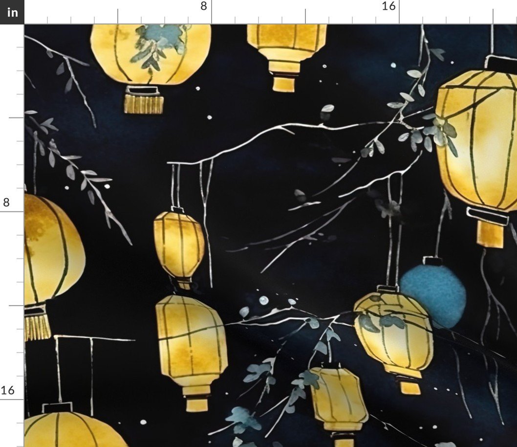 Yellow Glowing Chinese Paper Lanterns Watercolor Fabric Yellow Glowing Chinese Paper Lanterns Watercolor Fabric