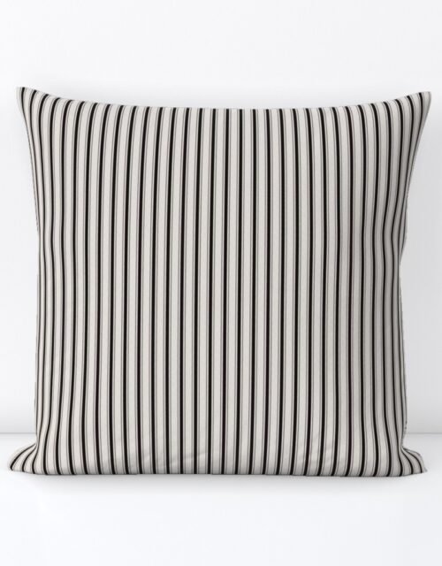 Micro Coal Black Antique Vintage Mattress Ticking Stripe on Cream Square Throw Pillow