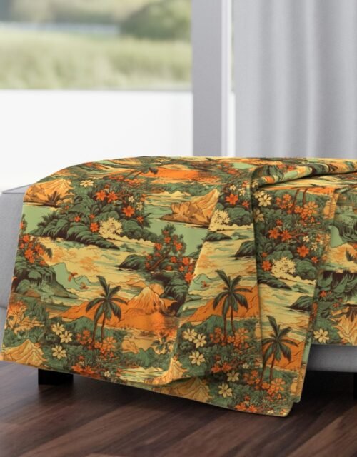 Small Vintage Hawaiian Landscape Green Throw Blanket
