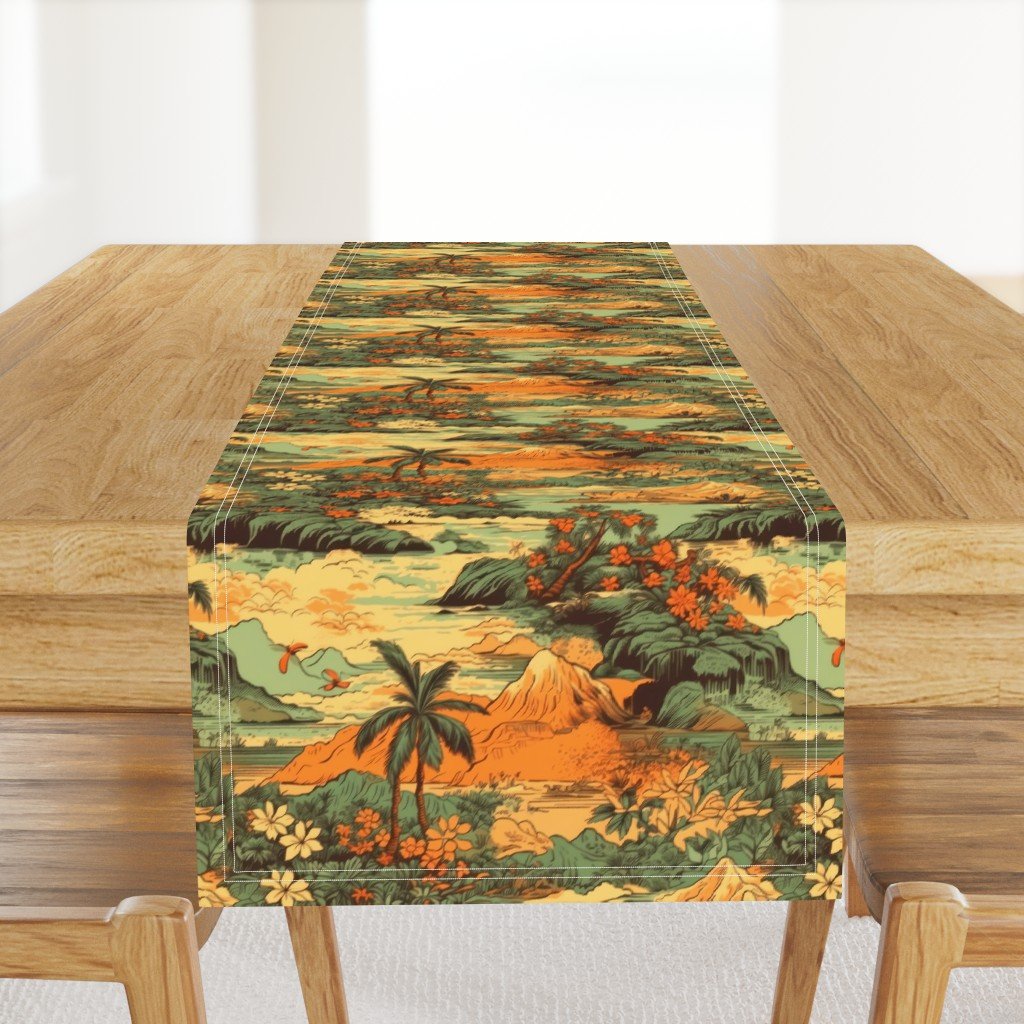 Small Vintage Hawaiian Landscape Green Table Runner Small Vintage Hawaiian Landscape Green Table Runner