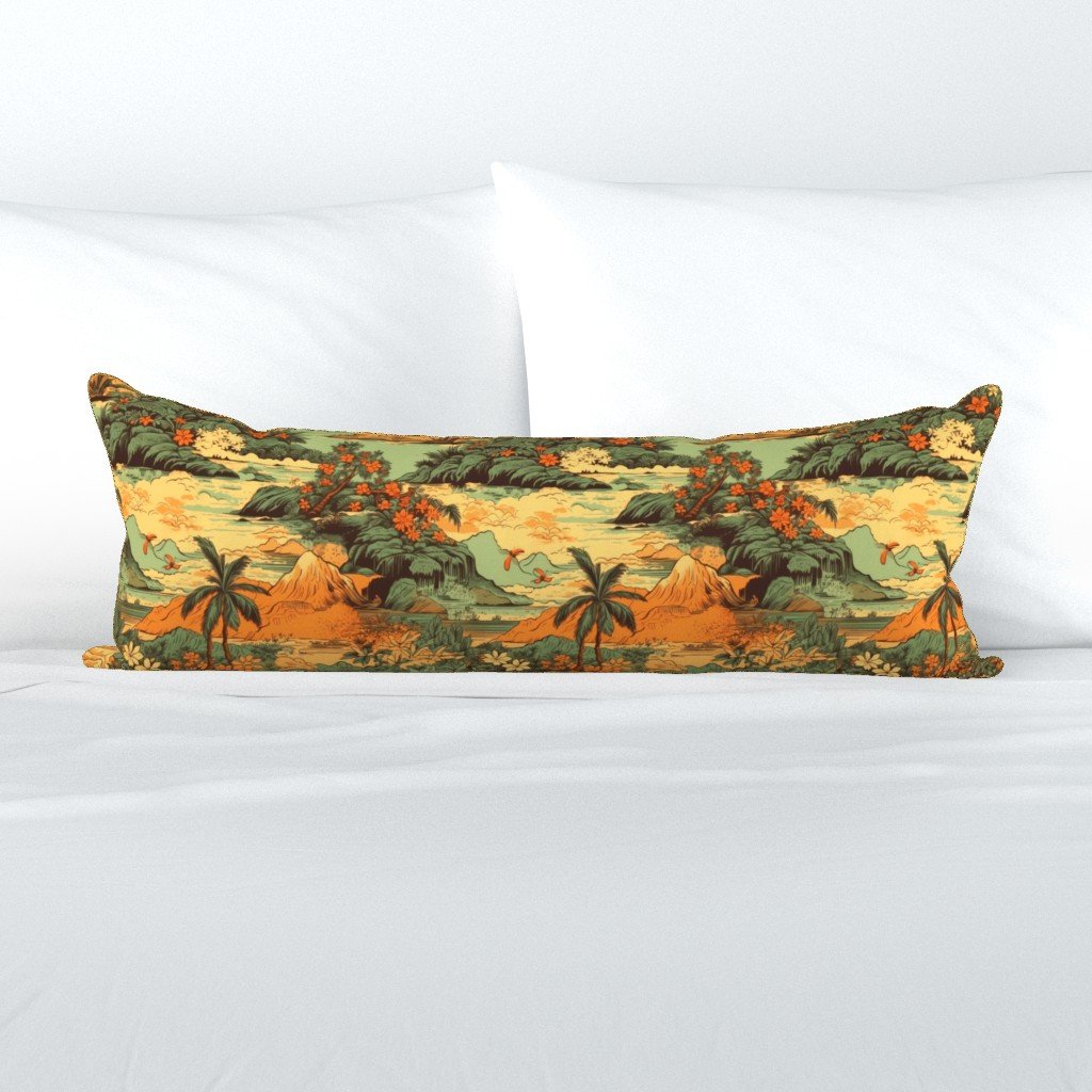Small Vintage Hawaiian Landscape Green Extra Long Lumbar Pillow Small Vintage Hawaiian Landscape Green Extra Long Lumbar Pillow
