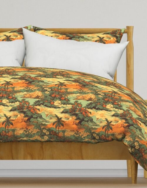 Small Vintage Hawaiian Landscape Green Duvet Cover