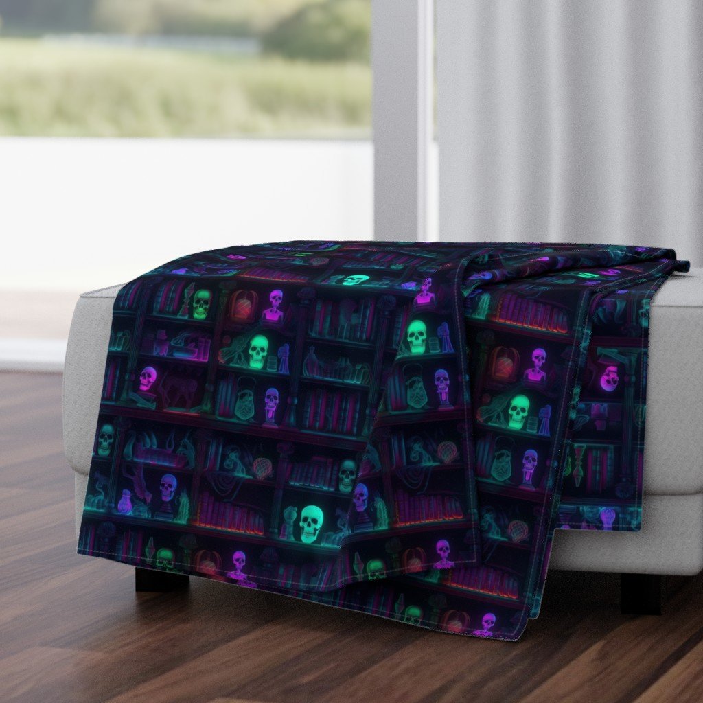 Small Spooky Photo-realistic Dark Academia Bookshelves in Bright Neons with Glowing Skulls Throw Blanket Small Spooky Photo-realistic Dark Academia Bookshelves in Bright Neons with Glowing Skulls Throw Blanket