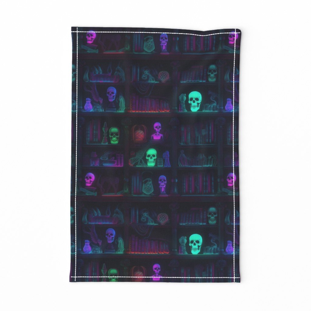Small Spooky Photo-realistic Dark Academia Bookshelves in Bright Neons with Glowing Skulls Tea Towel Small Spooky Photo-realistic Dark Academia Bookshelves in Bright Neons with Glowing Skulls Tea Towel