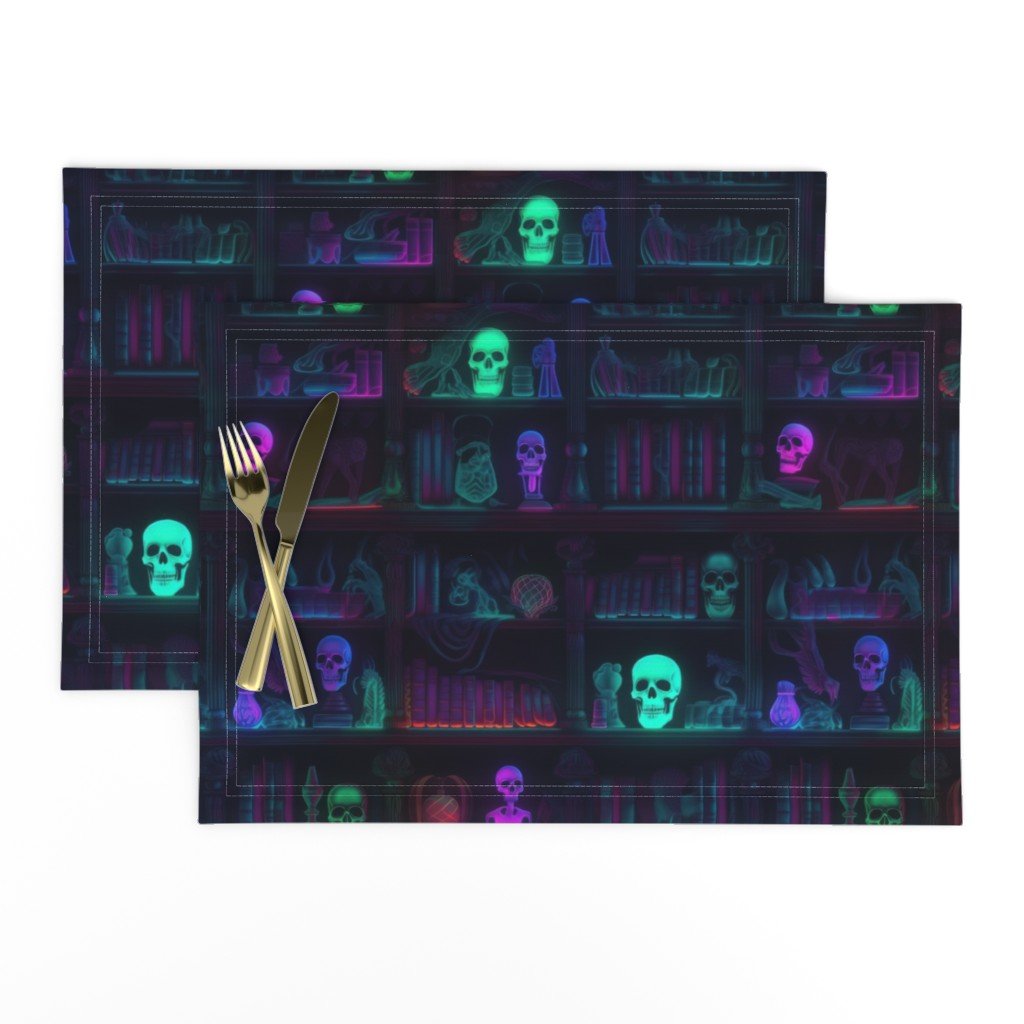 Small Spooky Photo-realistic Dark Academia Bookshelves in Bright Neons with Glowing Skulls Placemats Small Spooky Photo-realistic Dark Academia Bookshelves in Bright Neons with Glowing Skulls Placemats