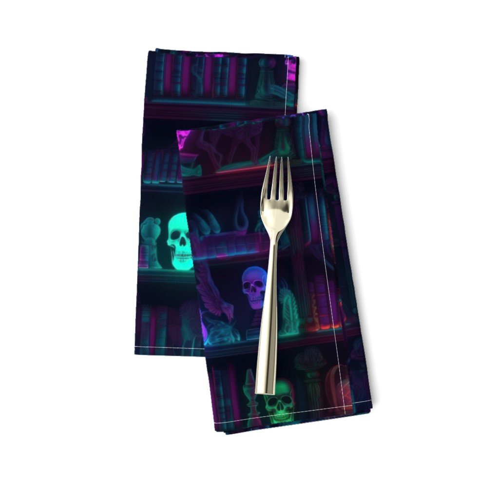 Small Spooky Photo-realistic Dark Academia Bookshelves in Bright Neons with Glowing Skulls Dinner Napkins Small Spooky Photo-realistic Dark Academia Bookshelves in Bright Neons with Glowing Skulls Dinner Napkins