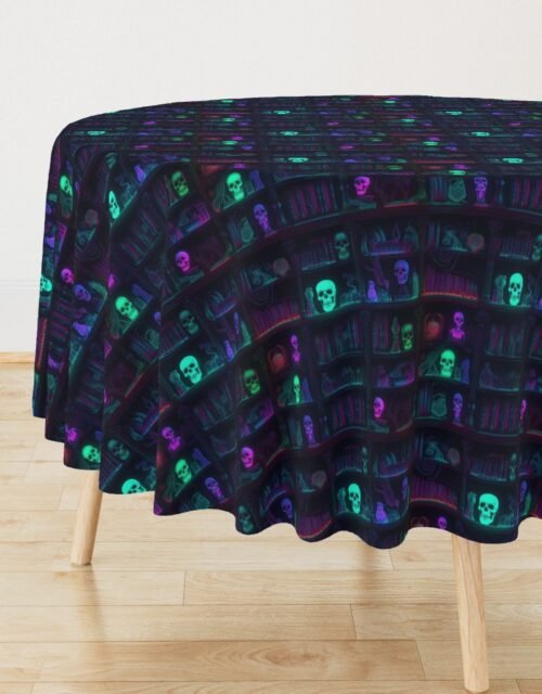 Small Spooky Photo-realistic Dark Academia Bookshelves in Bright Neons with Glowing Skulls Round Tablecloth