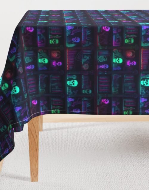 Small Spooky Photo-realistic Dark Academia Bookshelves in Bright Neons with Glowing Skulls Rectangular Tablecloth