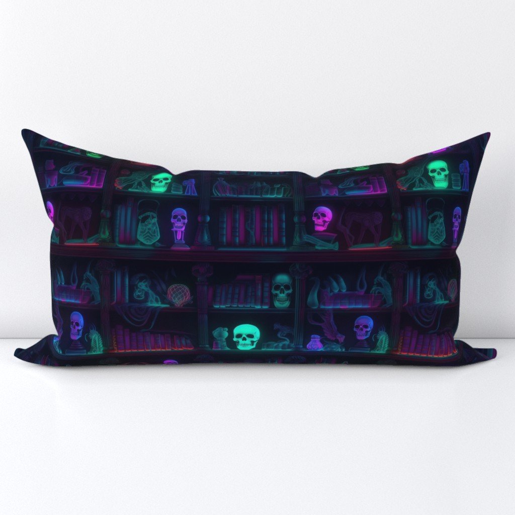 Small Spooky Photo-realistic Dark Academia Bookshelves in Bright Neons with Glowing Skulls Lumbar Throw Pillow Small Spooky Photo-realistic Dark Academia Bookshelves in Bright Neons with Glowing Skulls Lumbar Throw Pillow