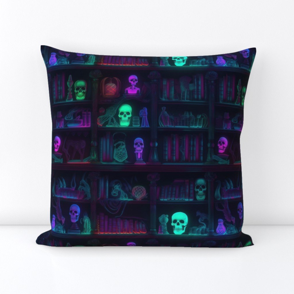 Small Spooky Photo-realistic Dark Academia Bookshelves in Bright Neons with Glowing Skulls Square Throw Pillow Small Spooky Photo-realistic Dark Academia Bookshelves in Bright Neons with Glowing Skulls Square Throw Pillow