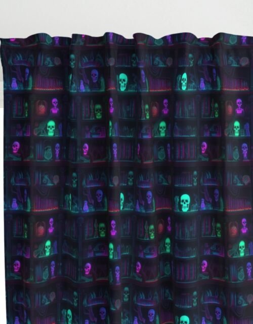 Small Spooky Photo-realistic Dark Academia Bookshelves in Bright Neons with Glowing Skulls Curtains