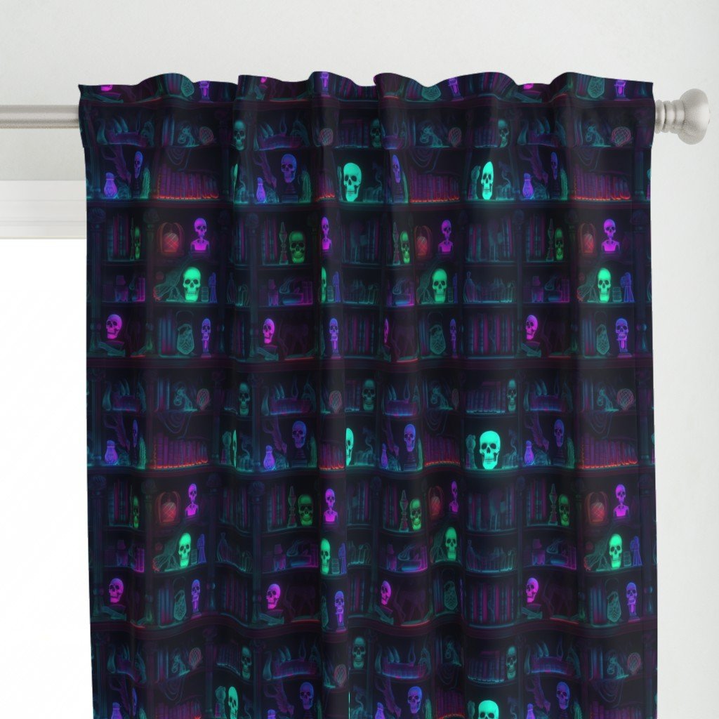 Small Spooky Photo-realistic Dark Academia Bookshelves in Bright Neons with Glowing Skulls Curtains Small Spooky Photo-realistic Dark Academia Bookshelves in Bright Neons with Glowing Skulls Curtains