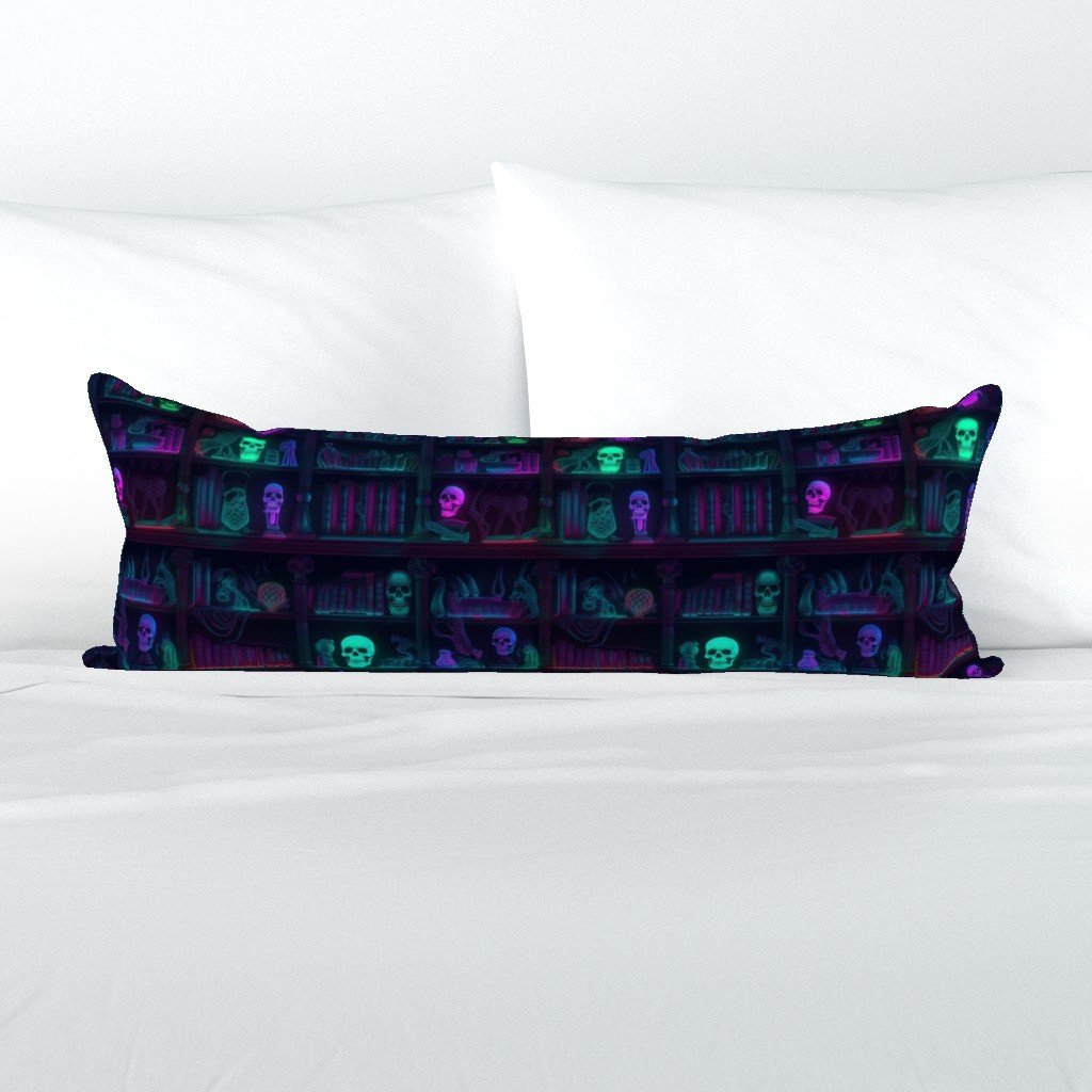 Small Spooky Photo-realistic Dark Academia Bookshelves in Bright Neons with Glowing Skulls Extra Long Lumbar Pillow Small Spooky Photo-realistic Dark Academia Bookshelves in Bright Neons with Glowing Skulls Extra Long Lumbar Pillow