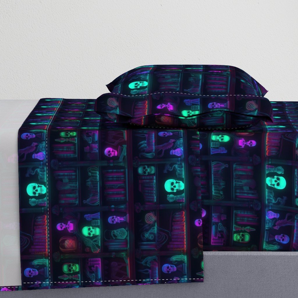 Small Spooky Photo-realistic Dark Academia Bookshelves in Bright Neons with Glowing Skulls Sheet Set Small Spooky Photo-realistic Dark Academia Bookshelves in Bright Neons with Glowing Skulls Sheet Set