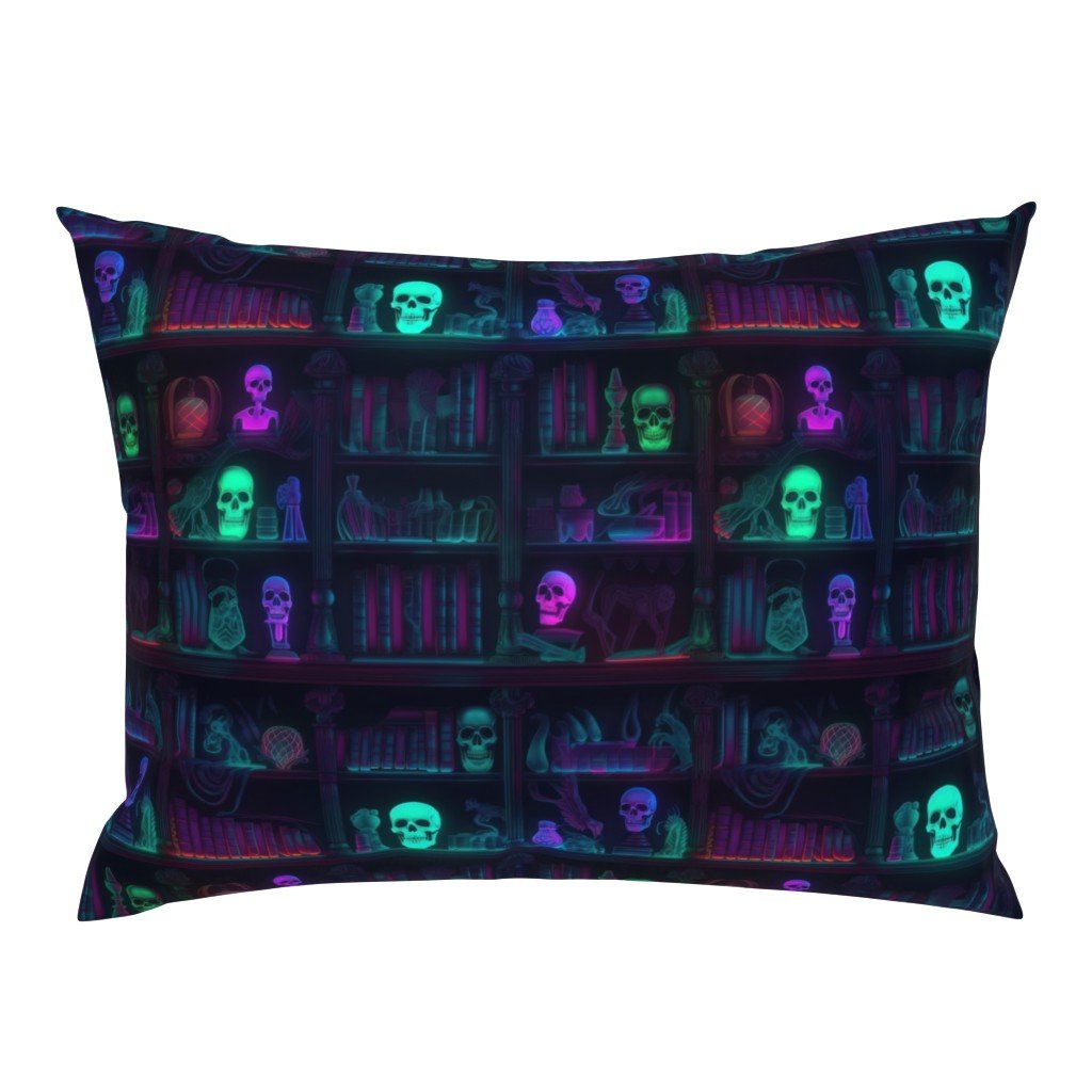 Small Spooky Photo-realistic Dark Academia Bookshelves in Bright Neons with Glowing Skulls Standard Pillow Sham Small Spooky Photo-realistic Dark Academia Bookshelves in Bright Neons with Glowing Skulls Standard Pillow Sham