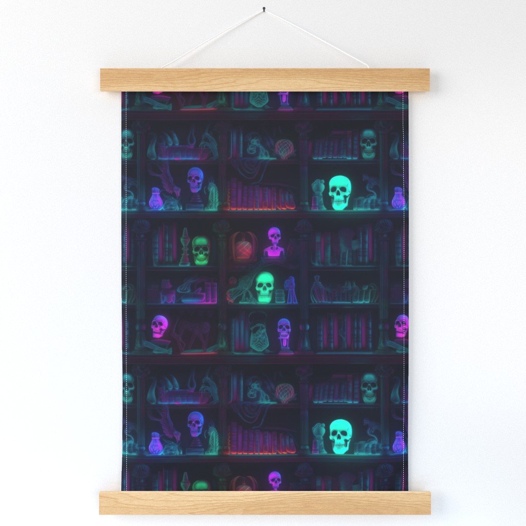 Small Spooky Photo-realistic Dark Academia Bookshelves in Bright Neons with Glowing Skulls Wall Hanging Small Spooky Photo-realistic Dark Academia Bookshelves in Bright Neons with Glowing Skulls Wall Hanging