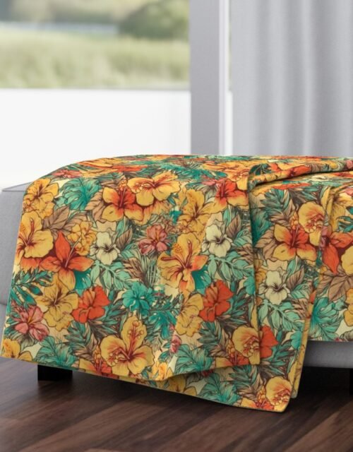Soft Vintage Hawaiian Hibiscus Watercolor in Coral Orange Throw Blanket