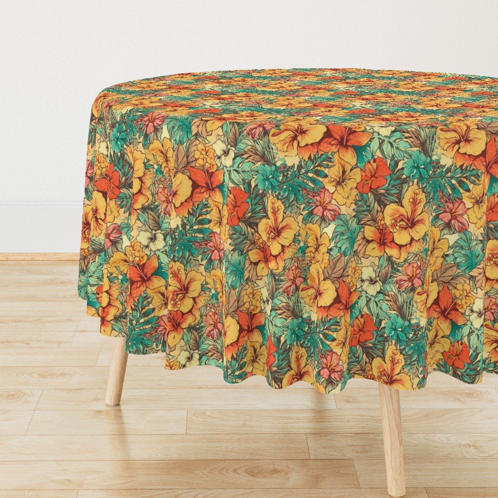 Soft Vintage Hawaiian Hibiscus Watercolor in Coral Orange Round Tablecloth