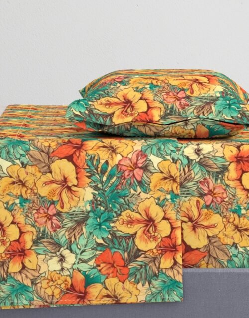 Soft Vintage Hawaiian Hibiscus Watercolor in Coral Orange Sheet Set